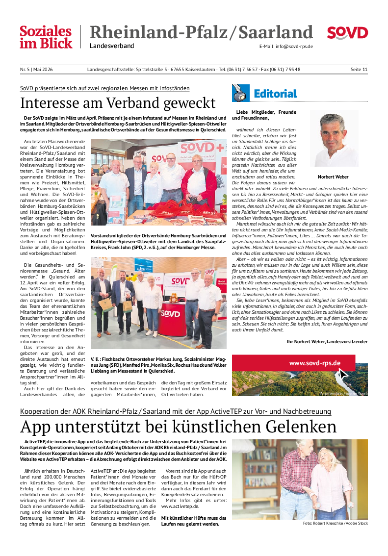 SoVD-Zeitung Mai 2026, Landesbeilage Rheinland Pfalz, Saarland / Baden-Württemberg