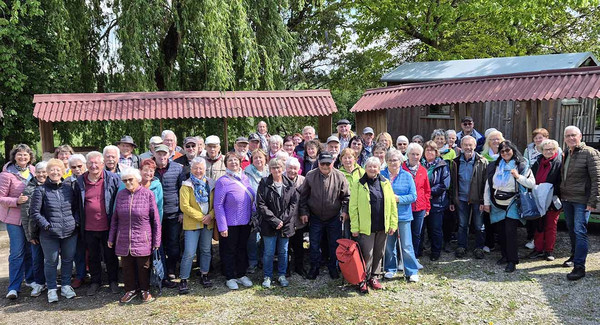 Große Personengruppe steht vor einem grünen Baum.