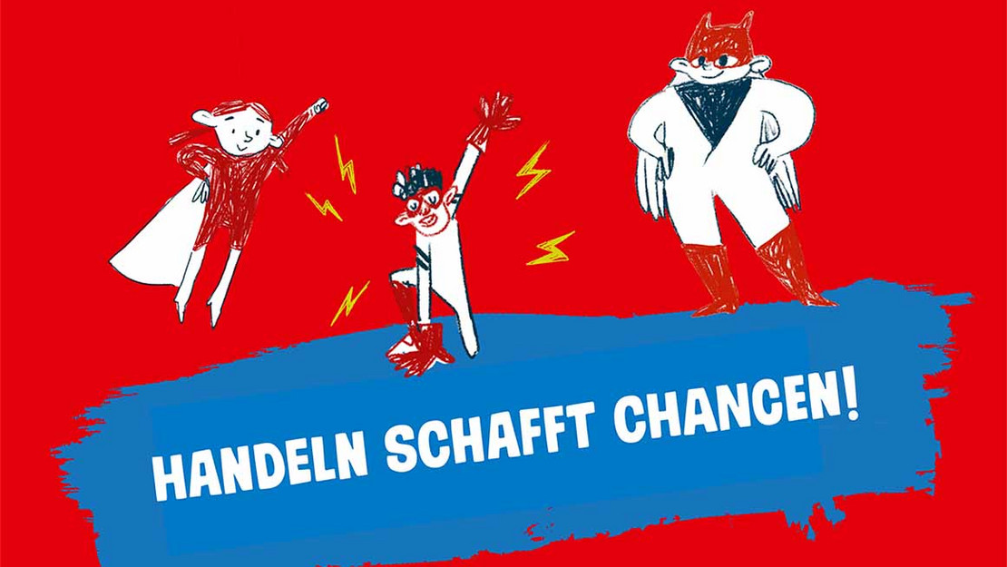 Roter Hintergrund mit blauem Schriftzug "Handeln schafft Chancen!"
